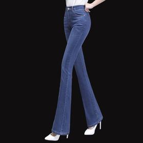 TZF-高档高腰弹力蓝色微喇牛仔裤女士春季新款显瘦宽松修身大码喇叭裤