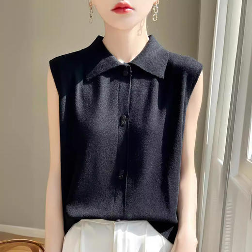 羊毛针织无袖T恤，Polo领精纺宽松纯色内搭上衣QH 商品图4