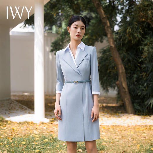 IWY/七分袖绑带蓝色连衣裙女春夏新款白领上班西装裙气质显白套裙Q14233 商品图0