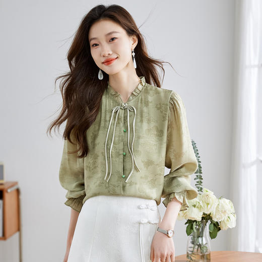 轻国风衬衫，法式立领长袖中式雪纺衫CC-QL-7741 商品图0