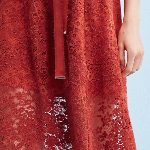 2018夏装新款收腰显瘦蝴蝶结镂空红色蕾丝半身裙女中长款 商品图2