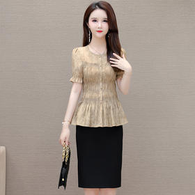 显瘦短款雪纺衫，圆领短袖皱褶印花小衫QYM-AH-24A2185-L