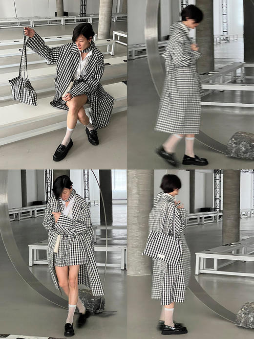 HIDEMI黑白格纹极简设计感长款风衣套装 商品图1