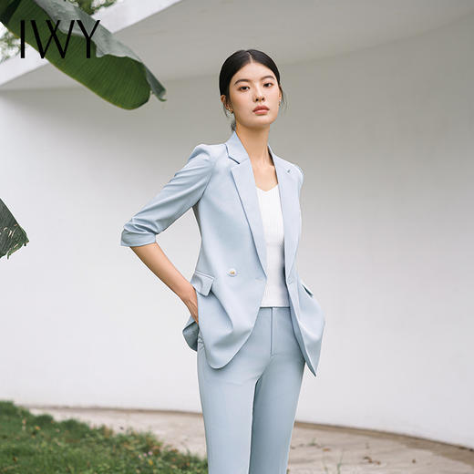 IWY/薄款阔腿裤西装套装女气质蓝色五分袖美容院上班职业装C14234+P34234 商品图5