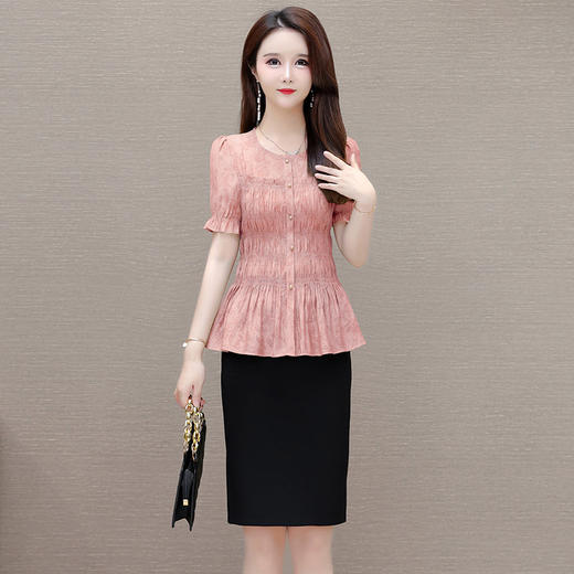 显瘦短款雪纺衫，圆领短袖皱褶印花小衫QYM-AH-24A2185-L 商品图1