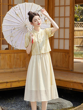 新中式风泡泡袖拼接提花假两件连衣裙女2024新中式风A字裙HR- LZW120