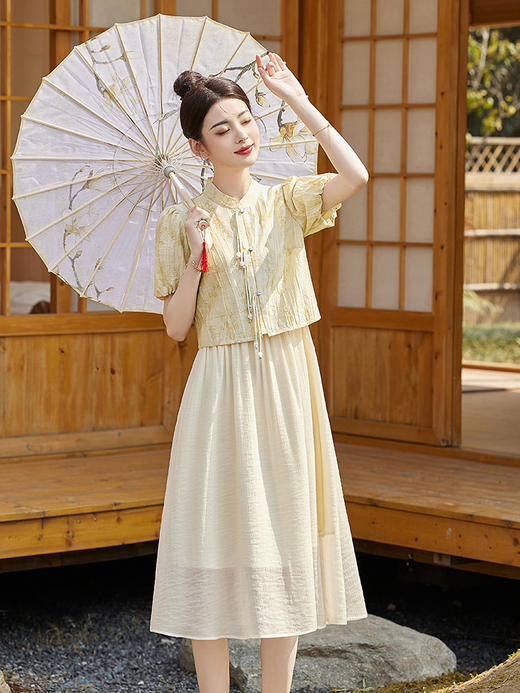 新中式风泡泡袖拼接提花假两件连衣裙女2024新中式风A字裙HR- LZW120 商品图0