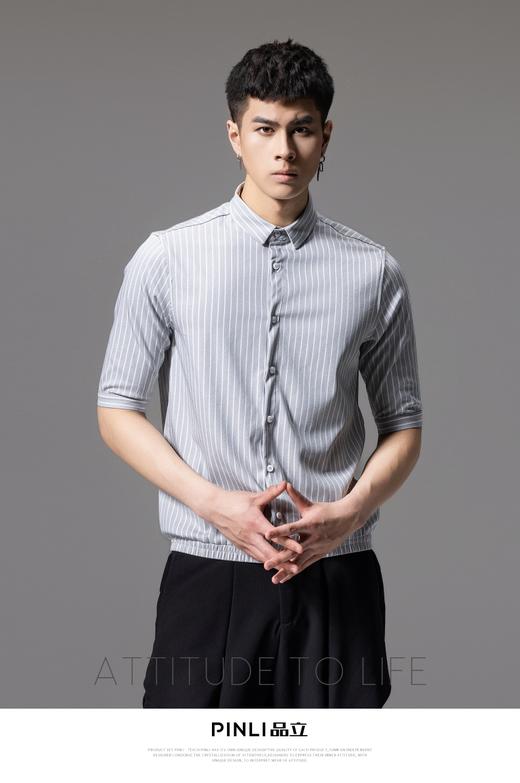 PINLI品立2024夏季新款男士尖领休闲条纹中袖衬衫上衣B242113065 商品图7
