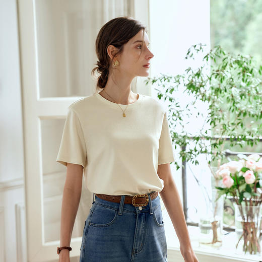 OLrain欧芮儿香草色短袖T恤女夏季2024年新款高级百搭宽松上衣 商品图1