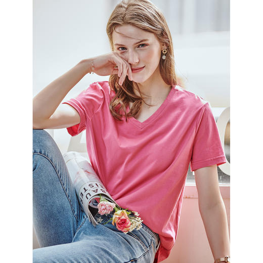 欧芮儿2021夏装新品V领短袖T恤女百搭修身显瘦纯色体恤小清新上衣 商品图5