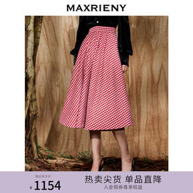 MAXRIENY复古红白格纹长裙秋冬法式高腰A字裙大摆裙春节新年穿搭(货号:MC87SK781)