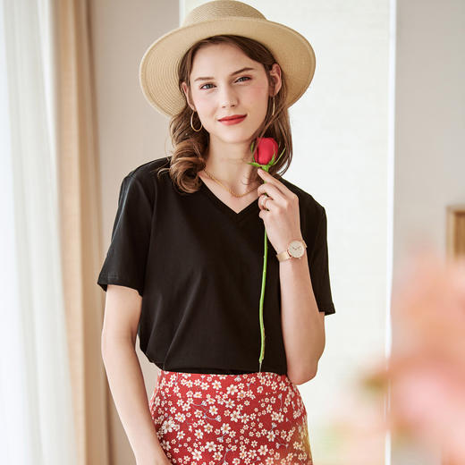 欧芮儿2021夏装新品V领短袖T恤女百搭修身显瘦纯色体恤小清新上衣 商品图4