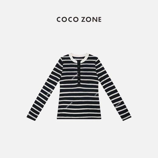 COCO ZONE2024条纹长袖T恤圆领开襟设计简约穿搭上衣24C10239 商品图0