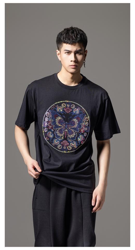 PINLI品立新中式2024夏季新款蝴蝶烫钻短袖T恤男士国潮休闲体恤衫BG242111066 商品图0