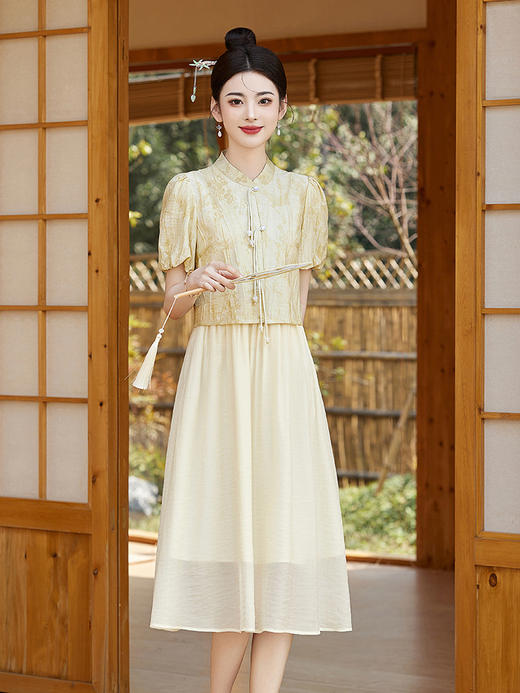 新中式风泡泡袖拼接提花假两件连衣裙女2024新中式风A字裙HR- LZW120 商品图3