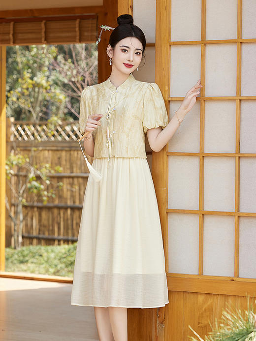 新中式风泡泡袖拼接提花假两件连衣裙女2024新中式风A字裙HR- LZW120 商品图2