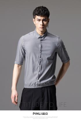 PINLI品立2024夏季新款男士尖领休闲条纹中袖衬衫上衣B242113065