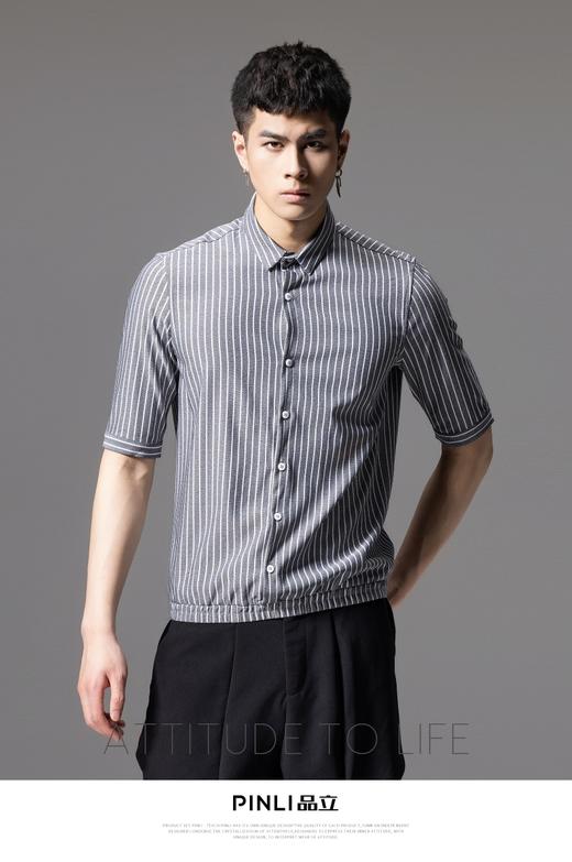 PINLI品立2024夏季新款男士尖领休闲条纹中袖衬衫上衣B242113065 商品图0