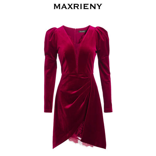 MAXRIENY红色礼服丝绒连衣裙冬款V领复古短裙子(货号:MC83DR762) 商品图4