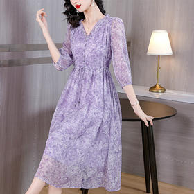 AHM-8125法式温柔风紫色碎花连衣裙新款时尚洋气甜美减龄中长裙