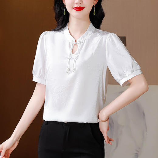 KQL-6983新中式国风立领短袖衬衫女夏季新款漂亮洋气复古盘扣雪纺上衣 商品图1