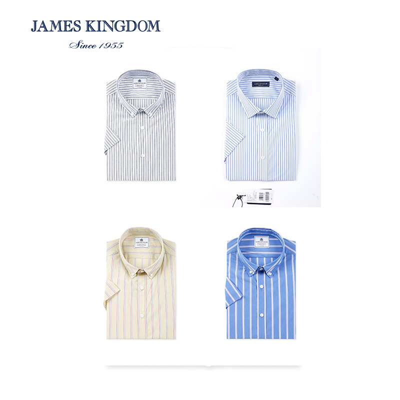 占姆士夏季棉质条纹衬衫男士短袖商务休闲半袖
