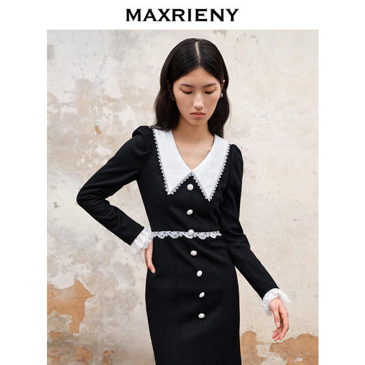 MAXRIENY法式浪漫复古翻领鱼尾连衣裙2023秋冬新款小黑裙修身裙子(货号:MS88DR511) 商品图2