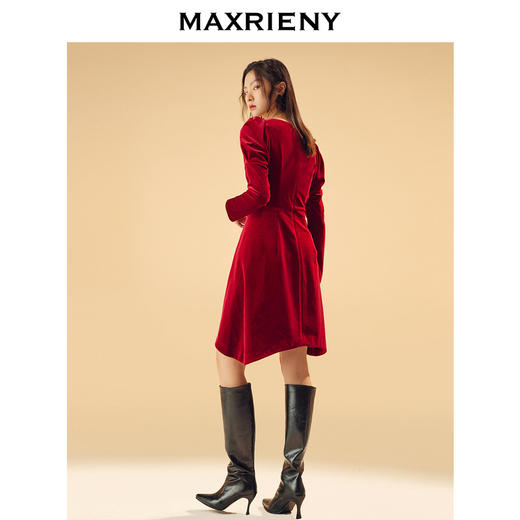MAXRIENY红色礼服丝绒连衣裙冬款V领复古短裙子(货号:MC83DR762) 商品图2