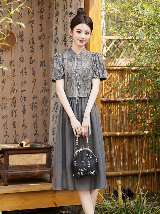 新中式风泡泡袖拼接提花假两件连衣裙女2024新中式风A字裙HR- LZW120 商品图1