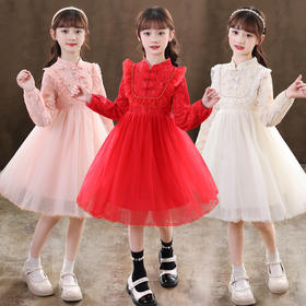 【古典韵味旗袍公主裙】女童连衣裙春秋装旗袍中国风儿童唐装公主网纱裙红色演出汉服裙子
