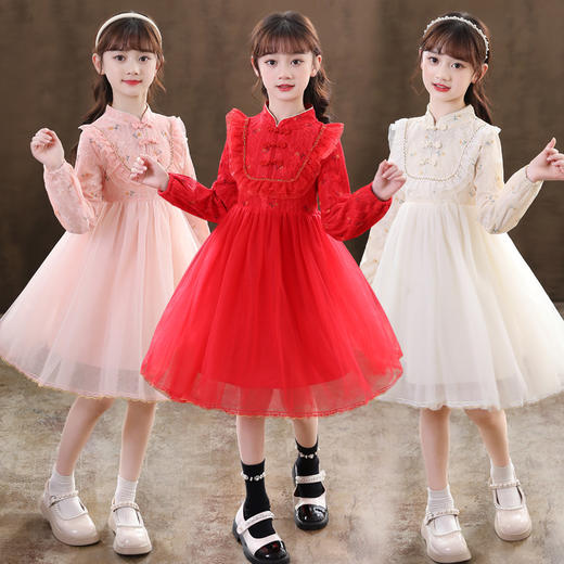 【古典韵味旗袍公主裙】女童连衣裙春秋装旗袍中国风儿童唐装公主网纱裙红色演出汉服裙子 商品图0