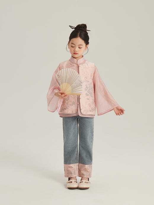 【国风洋气古典风两件套】2024春季新款儿童洋气衬衫国风马甲女童新中式刺绣马甲外套两件套 商品图1