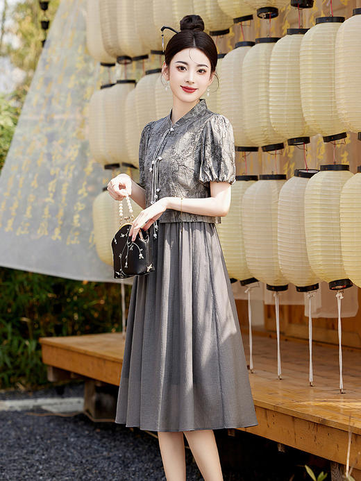 新中式风泡泡袖拼接提花假两件连衣裙女2024新中式风A字裙HR- LZW120 商品图4