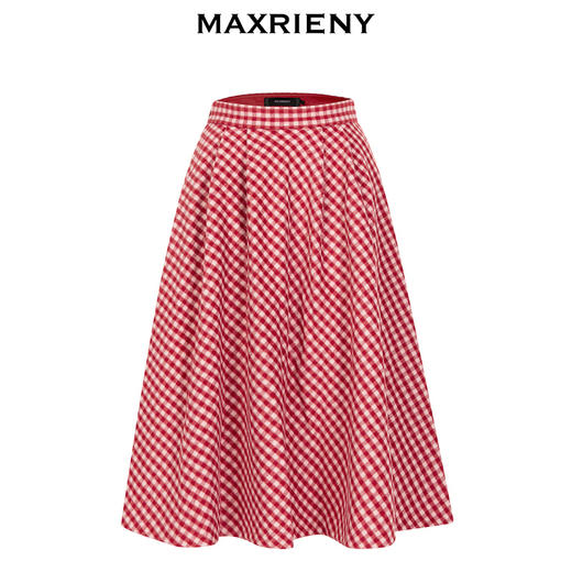 MAXRIENY复古红白格纹长裙秋冬法式高腰A字裙大摆裙春节新年穿搭(货号:MC87SK781) 商品图4