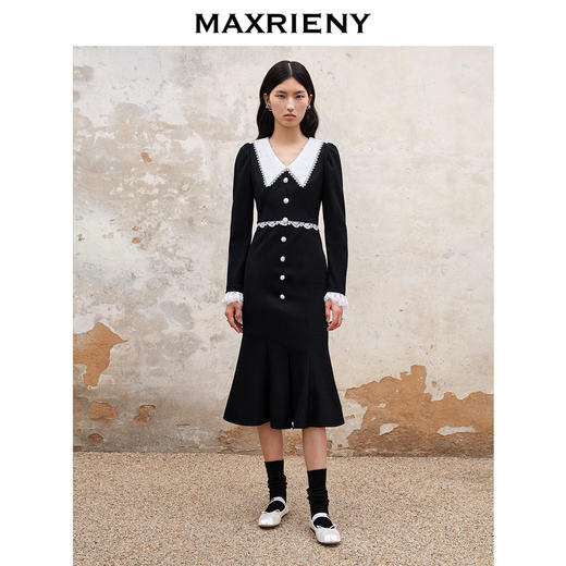MAXRIENY法式浪漫复古翻领鱼尾连衣裙2023秋冬新款小黑裙修身裙子(货号:MS88DR511) 商品图1