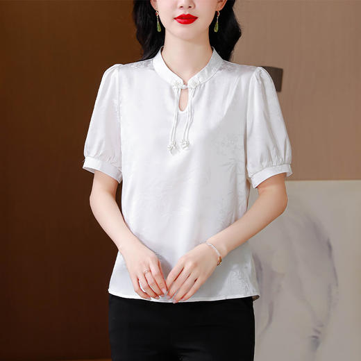 KQL-6983新中式国风立领短袖衬衫女夏季新款漂亮洋气复古盘扣雪纺上衣 商品图2