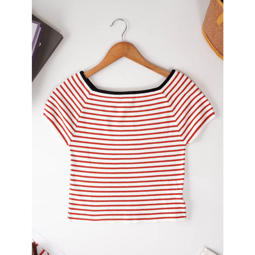 欧芮儿夏装条纹针织衫女显瘦短袖T恤女百搭上衣CSXWP916286 商品图5