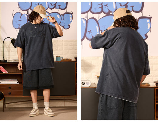 帆船 春夏 雪花重水洗 刺绣字母 复古做旧 圆领短袖T恤 男女休闲 4色 NT-2690 商品图4