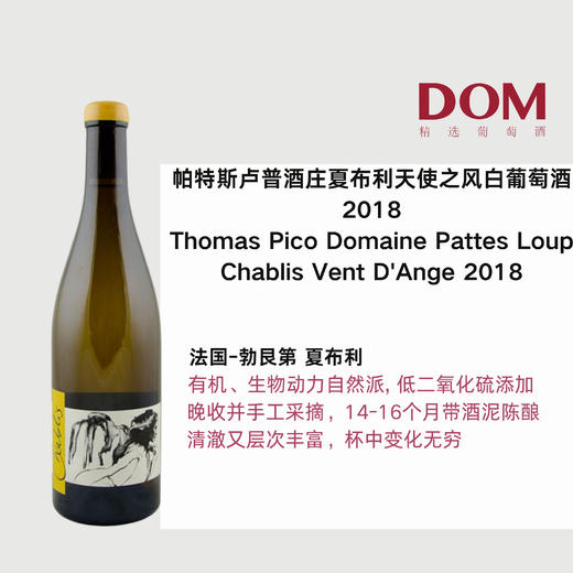 帕特斯卢普酒庄夏布利天使之风白葡萄酒2018 Thomas Pico-Domaine Pattes Loup Chablis Vent D'Ange 2018 商品图0