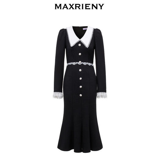 MAXRIENY法式浪漫复古翻领鱼尾连衣裙2023秋冬新款小黑裙修身裙子(货号:MS88DR511) 商品图4