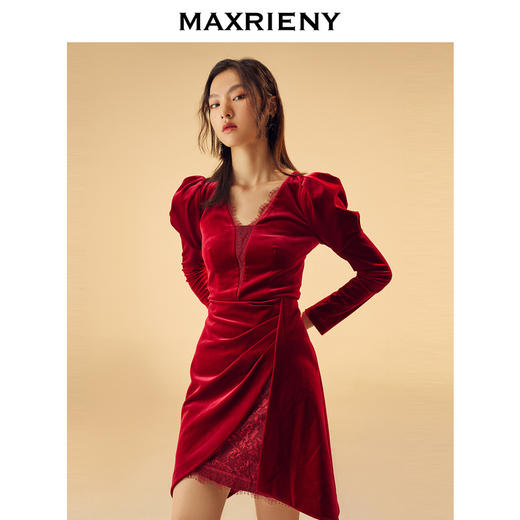 MAXRIENY红色礼服丝绒连衣裙冬款V领复古短裙子(货号:MC83DR762) 商品图3