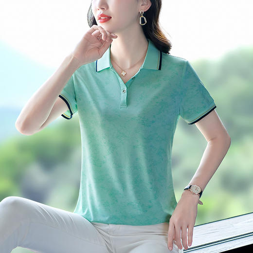 SP-885短袖女t恤夏季新款洋气印花冰丝薄款polo领大码宽松运动上衣 商品图0