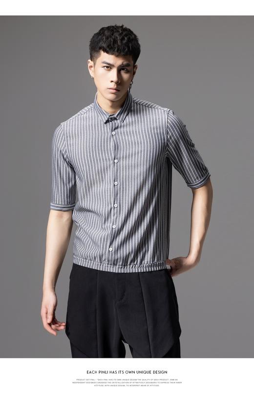 PINLI品立2024夏季新款男士尖领休闲条纹中袖衬衫上衣B242113065 商品图1