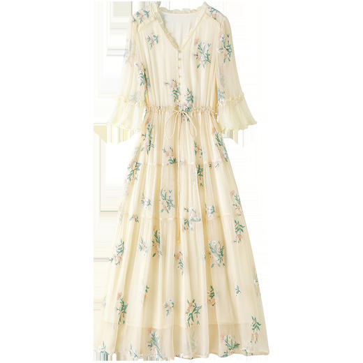 TC82399875 真丝连衣裙女重工刺绣2024新款度假V领收腰桑蚕丝中长款沙滩裙子 商品图4