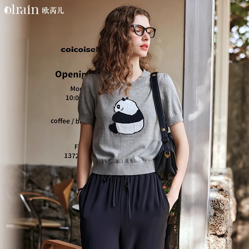 OLrain欧芮儿浅灰色针织衫女春夏2024年新款趣味熊猫短袖套头衫