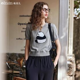OLrain欧芮儿浅灰色针织衫女春夏2024年新款趣味熊猫短袖套头衫