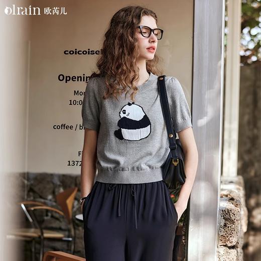 OLrain欧芮儿浅灰色针织衫女春夏2024年新款趣味熊猫短袖套头衫 商品图0