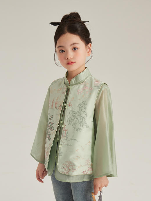 【国风洋气古典风两件套】2024春季新款儿童洋气衬衫国风马甲女童新中式刺绣马甲外套两件套 商品图4