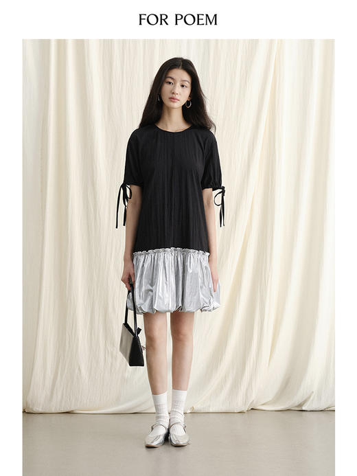 ForPoem 现货 24/SS原创设计短袖绑带拼接银色花苞连衣裙 商品图2