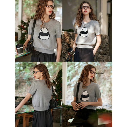 OLrain欧芮儿浅灰色针织衫女春夏2024年新款趣味熊猫短袖套头衫 商品图2